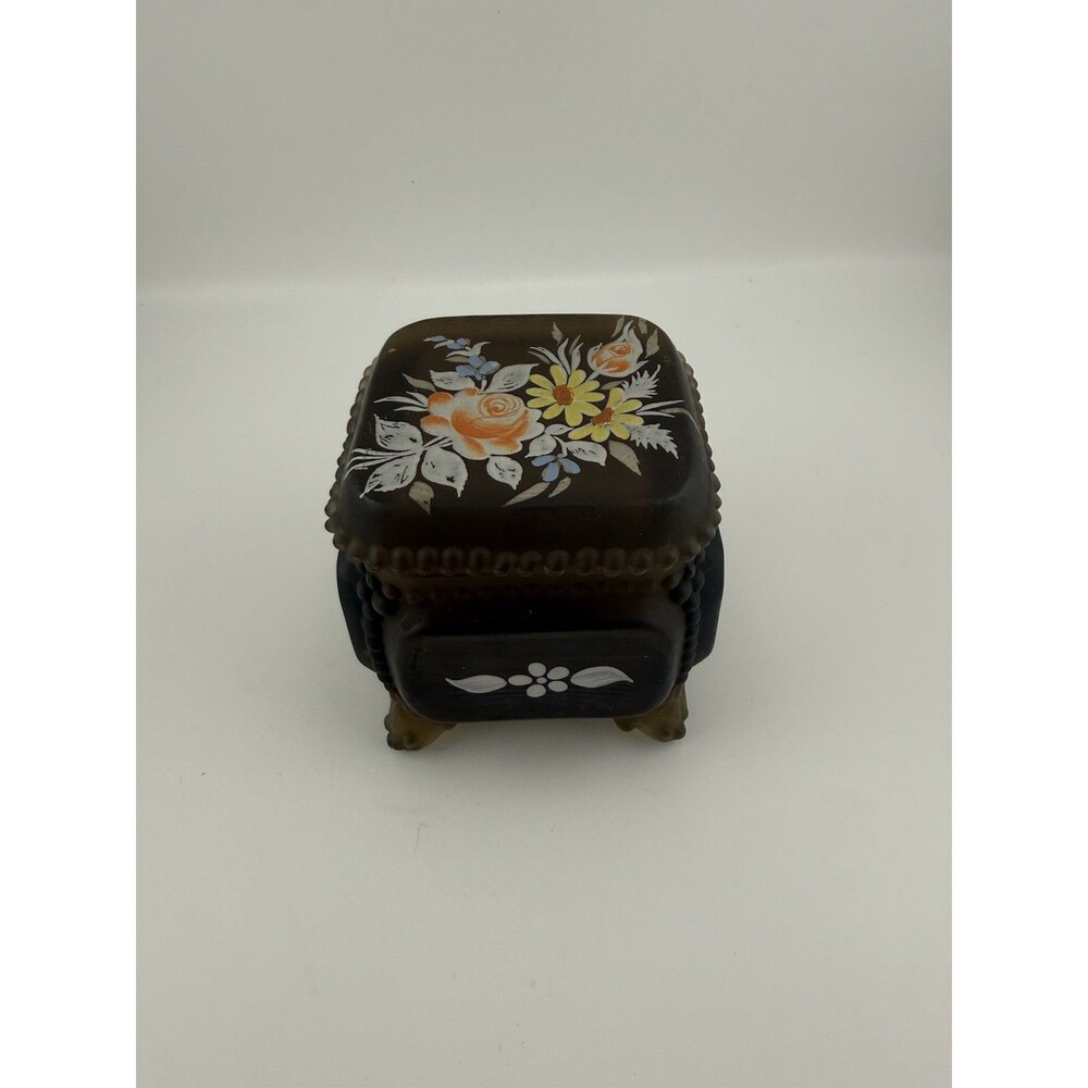 Vtg Westmoreland Glass Satin Black Daisy Beaded Footed Trinket Jewel Box 27546